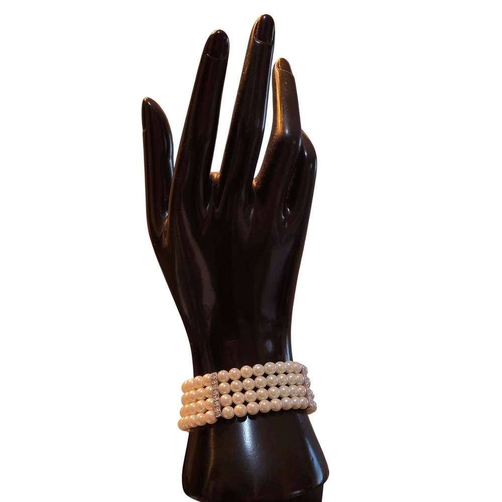 4-Strand Faux‎ Pearl Bracelet Rhinestone Spacers Silver Pated Wedding Prom 6.5"